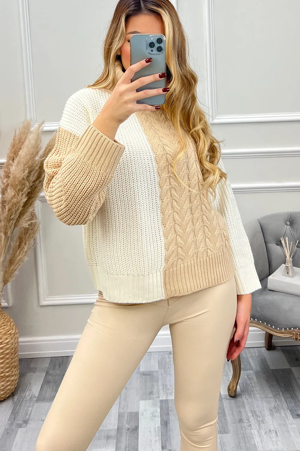 Samira Beige Colour Block Roll Neck Jumper