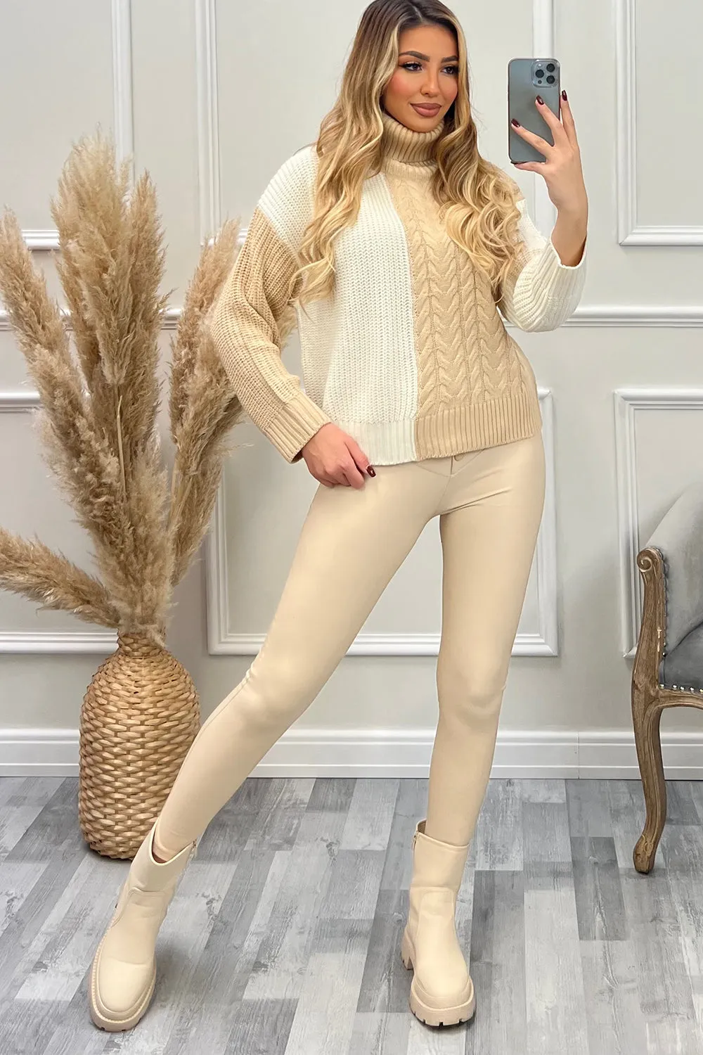 Samira Beige Colour Block Roll Neck Jumper