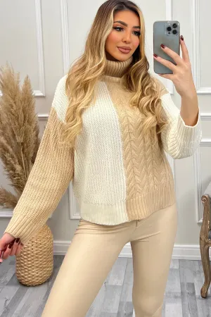 Samira Beige Colour Block Roll Neck Jumper