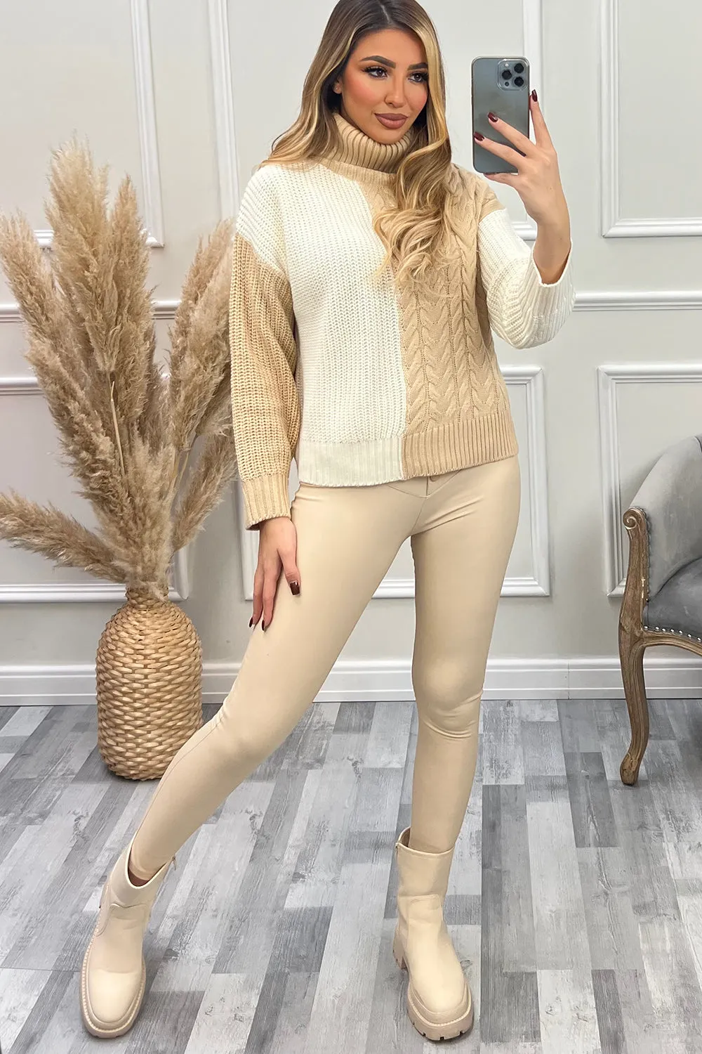 Samira Beige Colour Block Roll Neck Jumper