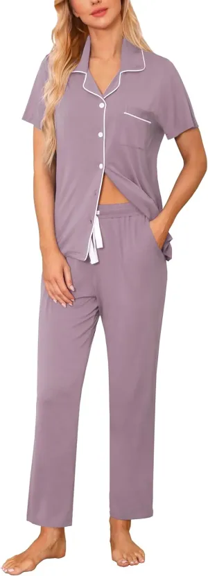 Samring Women's Short Sleeve Shirt and Pajama Pant Pj Set Button Down Sleepwear 2 Piece Sleep Set for Women