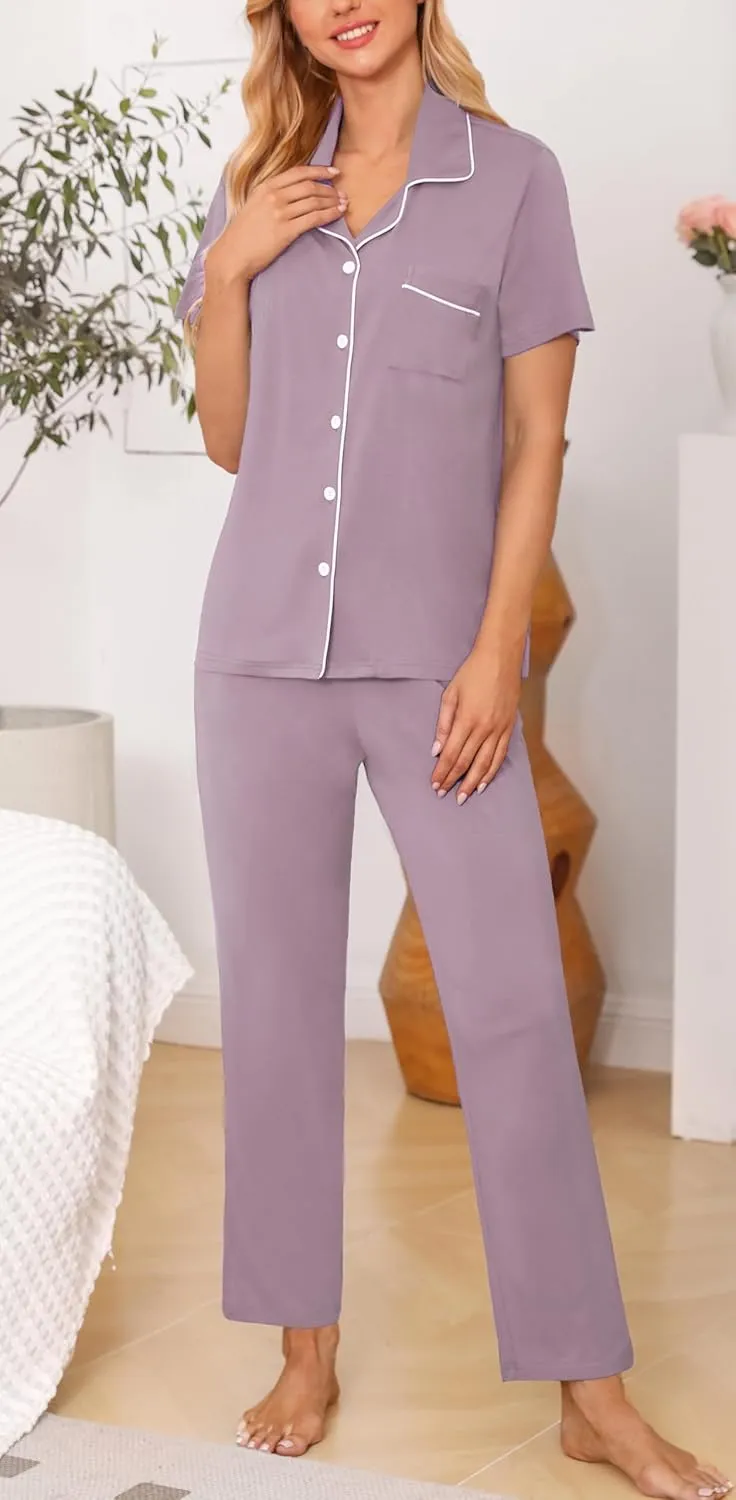 Samring Women's Short Sleeve Shirt and Pajama Pant Pj Set Button Down Sleepwear 2 Piece Sleep Set for Women
