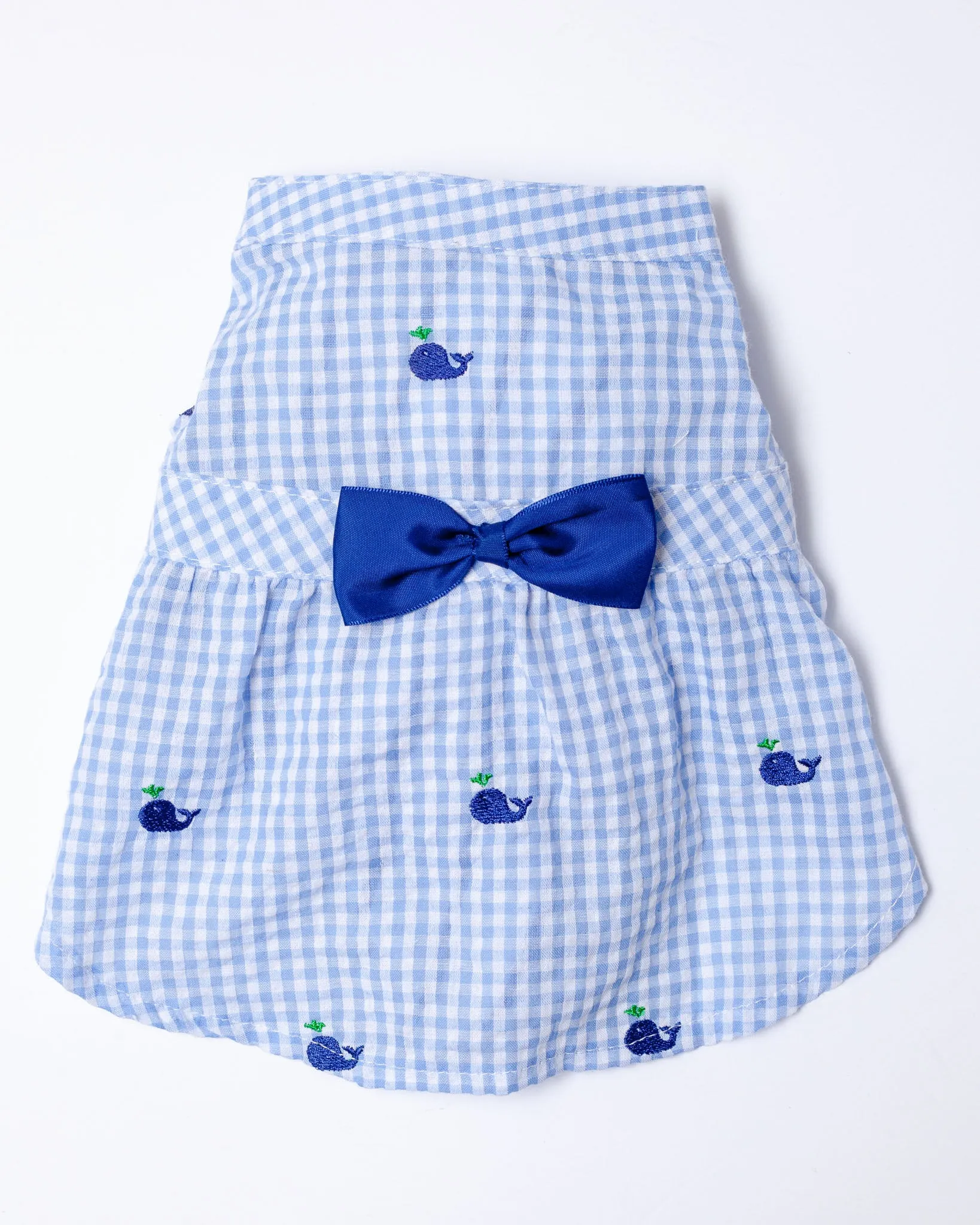Seersucker Gingham Dog Dress with Embroidered Whales (CLEARANCE)