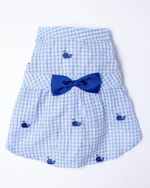Seersucker Gingham Dog Dress with Embroidered Whales (CLEARANCE)