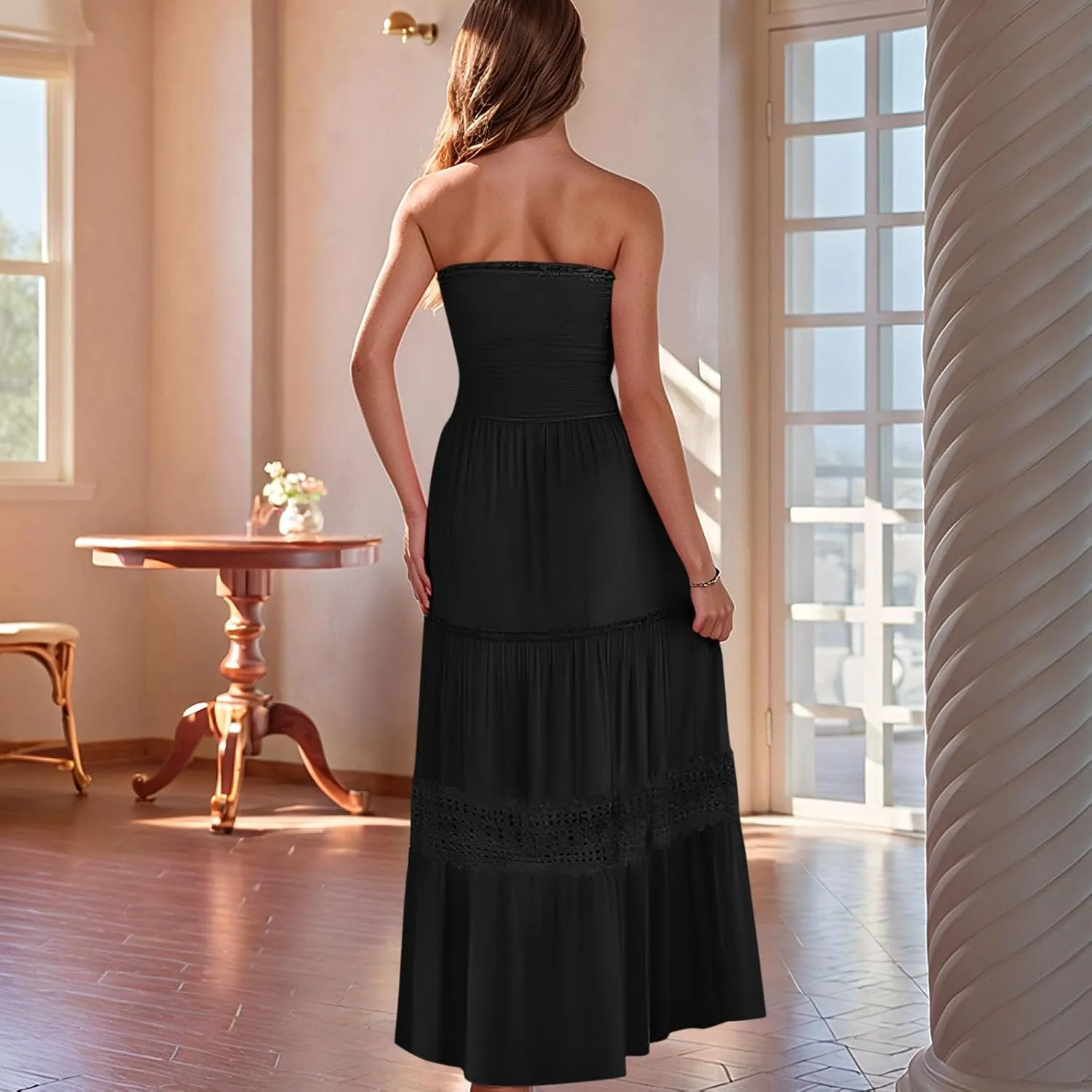 Strapless Maxi Dress Summer Smocked Ruffle Empire Waist A Line Dress Boho Beach Vacation Long Flowy Tube Dresses
