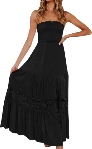 Strapless Maxi Dress Summer Smocked Ruffle Empire Waist A Line Dress Boho Beach Vacation Long Flowy Tube Dresses