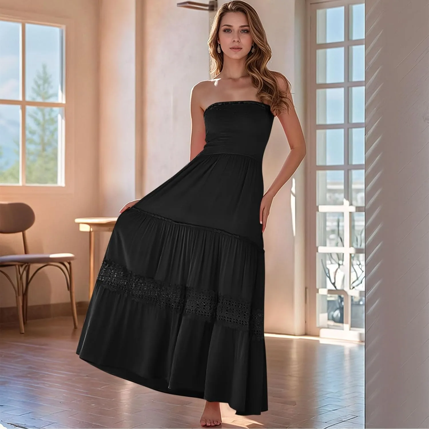 Strapless Maxi Dress Summer Smocked Ruffle Empire Waist A Line Dress Boho Beach Vacation Long Flowy Tube Dresses