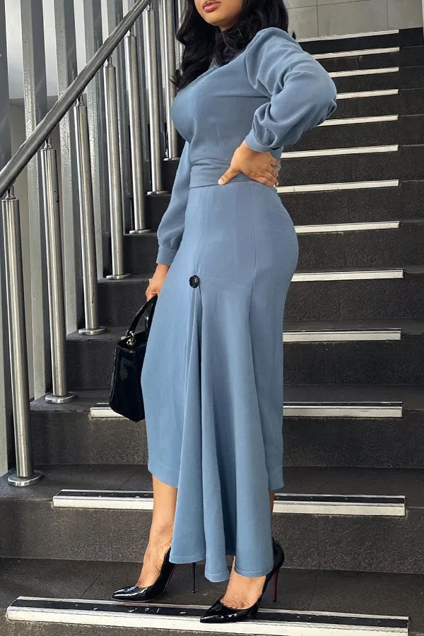 Stylish Lantern Sleeve Side Draped Dress