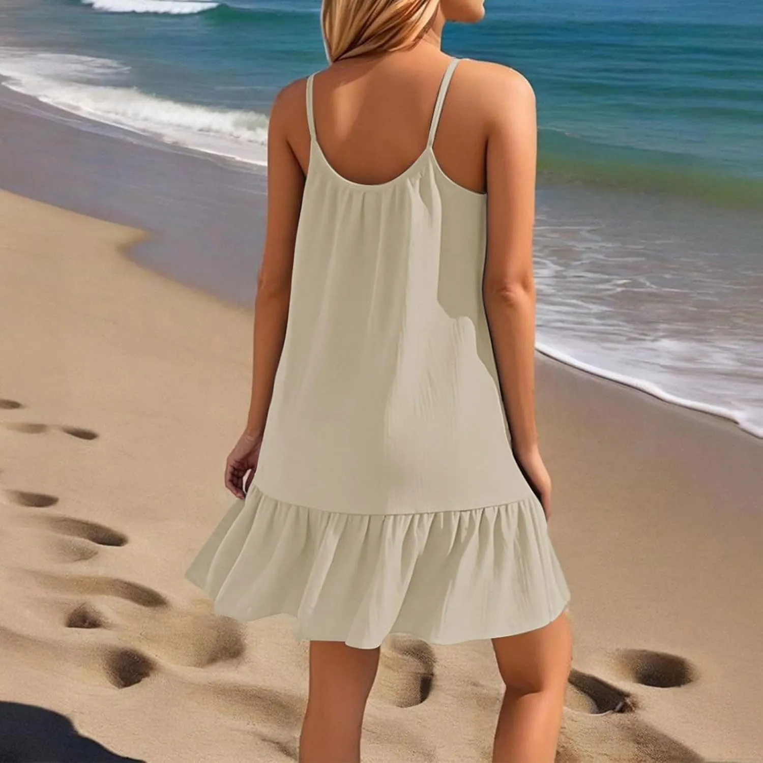 Swimsuit Coverup for Women Cute Summer Loose Spaghetti Strap Ruffle Mini Dress Casual Sexy Short Sundresses Cover-Ups