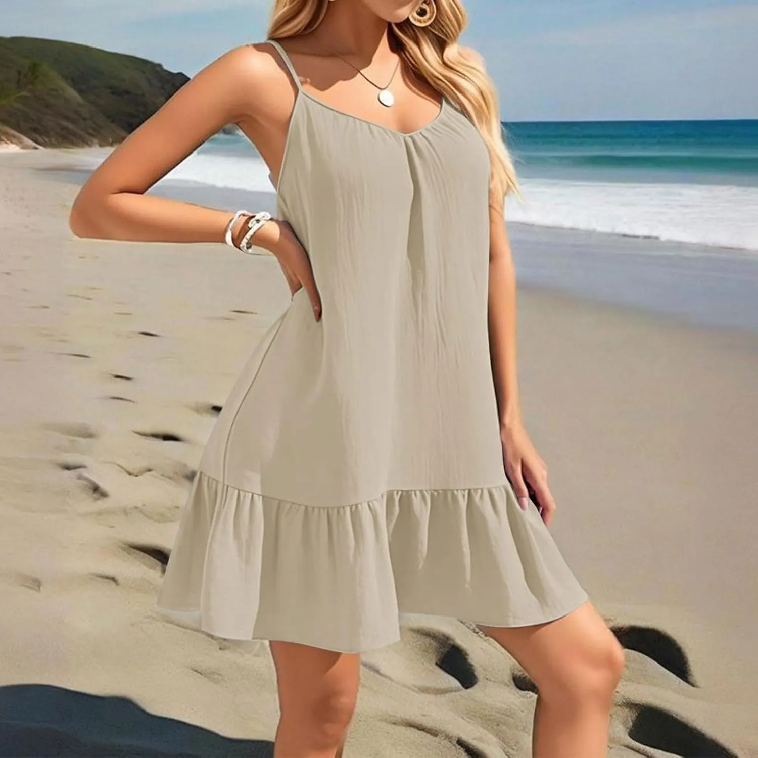 Swimsuit Coverup for Women Cute Summer Loose Spaghetti Strap Ruffle Mini Dress Casual Sexy Short Sundresses Cover-Ups