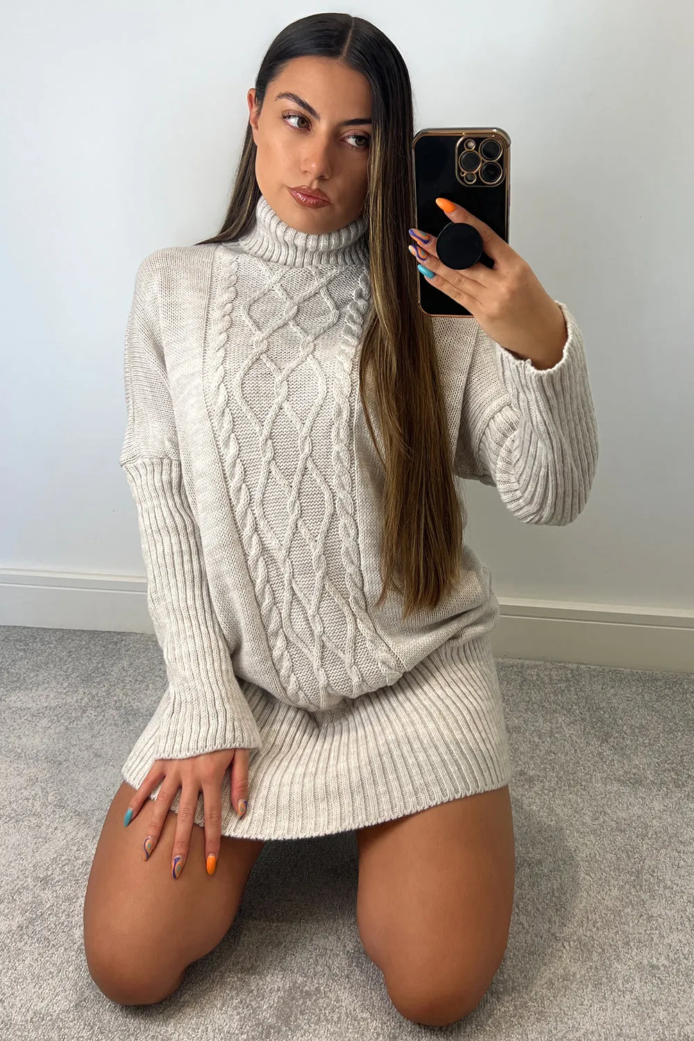 Talulla Beige Roll Neck Cable Knit Jumper Dress
