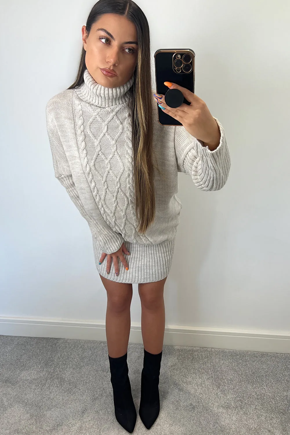 Talulla Beige Roll Neck Cable Knit Jumper Dress