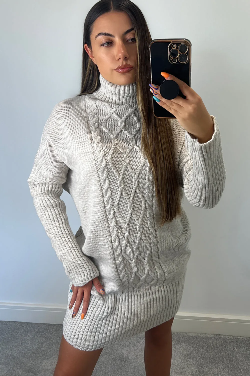 Talulla Beige Roll Neck Cable Knit Jumper Dress