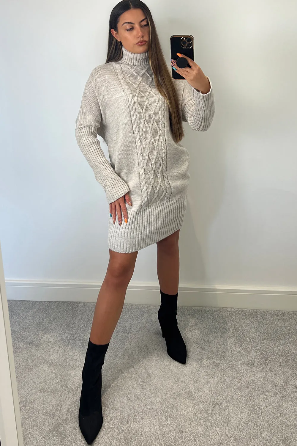 Talulla Beige Roll Neck Cable Knit Jumper Dress