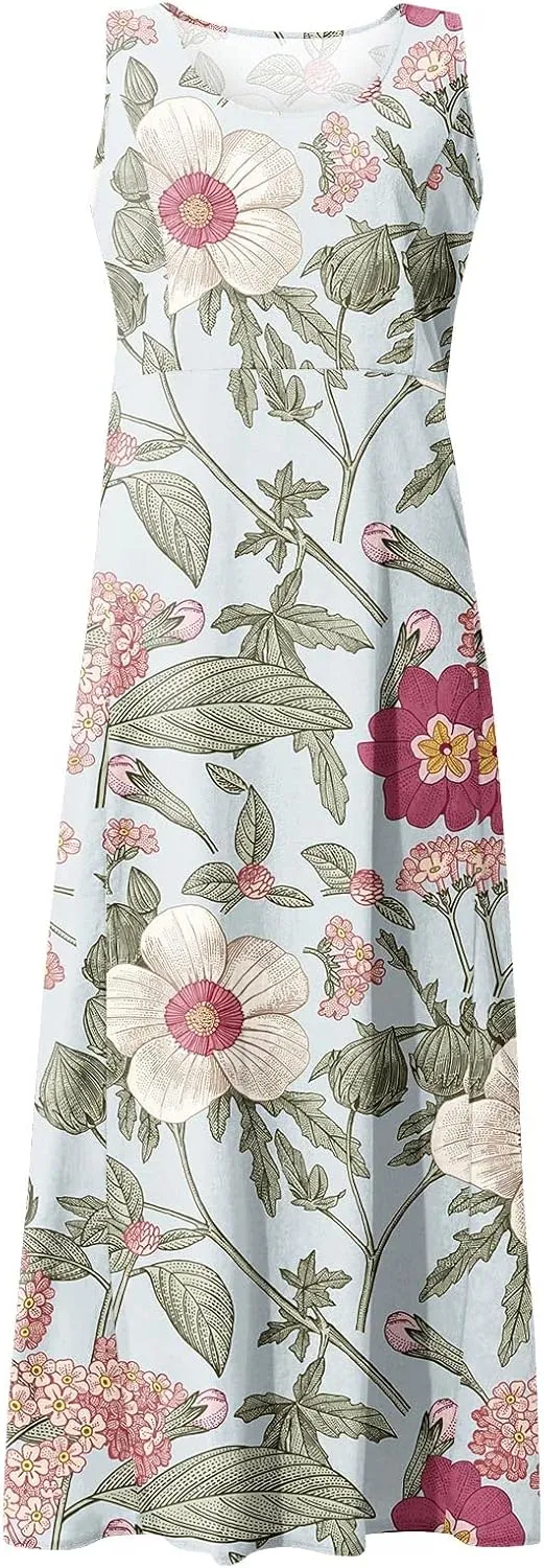 Tank Maxi Dress for Women with Pockets Summer Beach Dresses Casual Loose Fit Cotton Flowy Sundress Plus Size