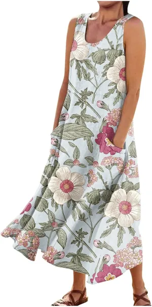Tank Maxi Dress for Women with Pockets Summer Beach Dresses Casual Loose Fit Cotton Flowy Sundress Plus Size