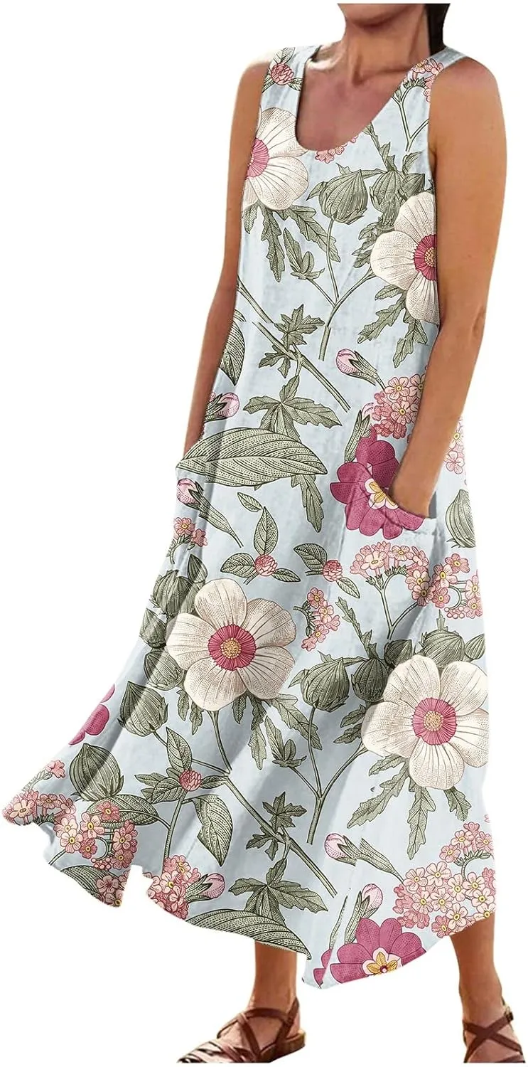 Tank Maxi Dress for Women with Pockets Summer Beach Dresses Casual Loose Fit Cotton Flowy Sundress Plus Size