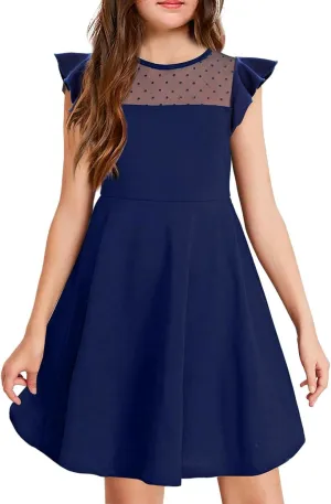 Tween Girl Summer Party Dress Flutter Sleeve A Line Mesh Formal Dress Cute Kids Wedding Dresses 3-12 Years