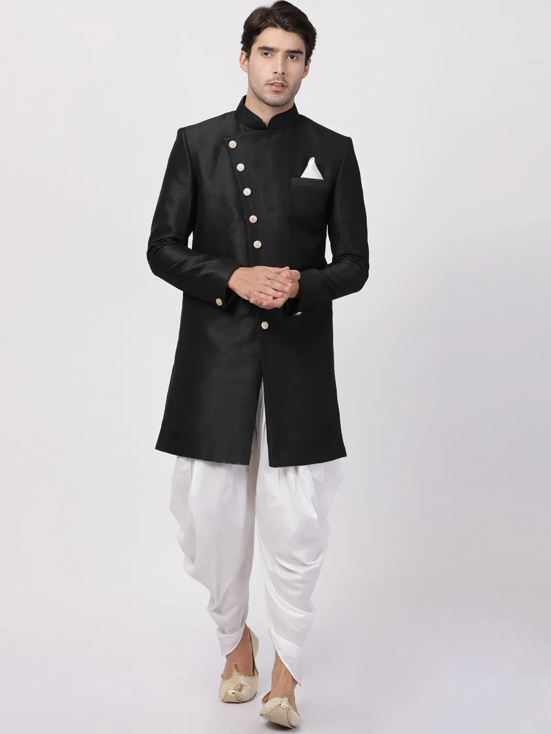 VM By VASTRAMAY Men's Black Silk Blend Sherwani Set