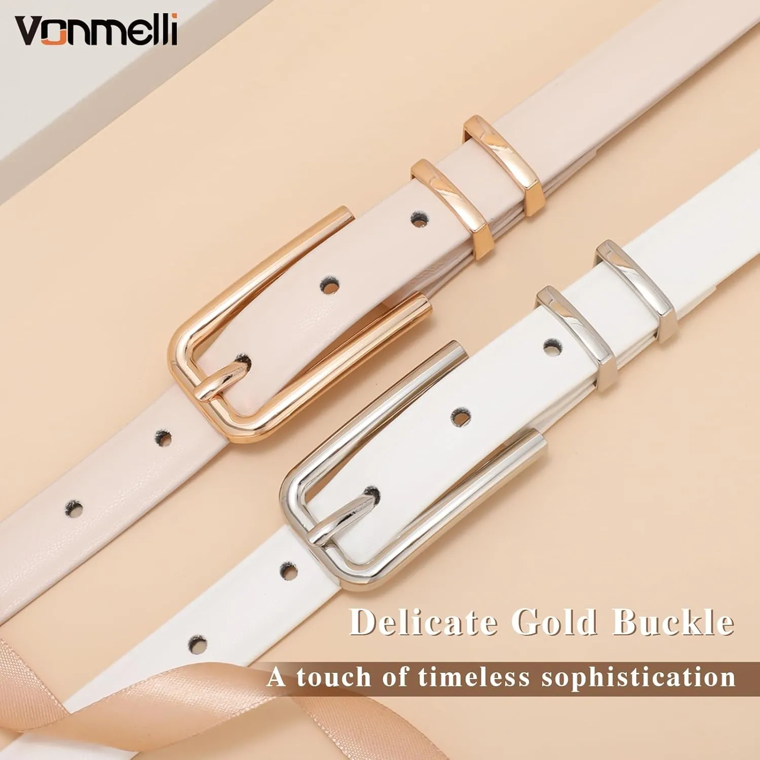 VONMELLI Women Skinny Leather Belt Thin Waist Belt for Women Jeans Dress Fashion Ladies Belt with Gold Buckle