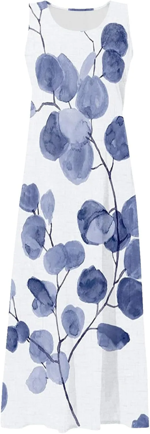 Women Casual Cotton Linen Sleeveless Maxi Dress Ruffle Tank Dresses Flowy Beach Summer Long Sundress with Pockets