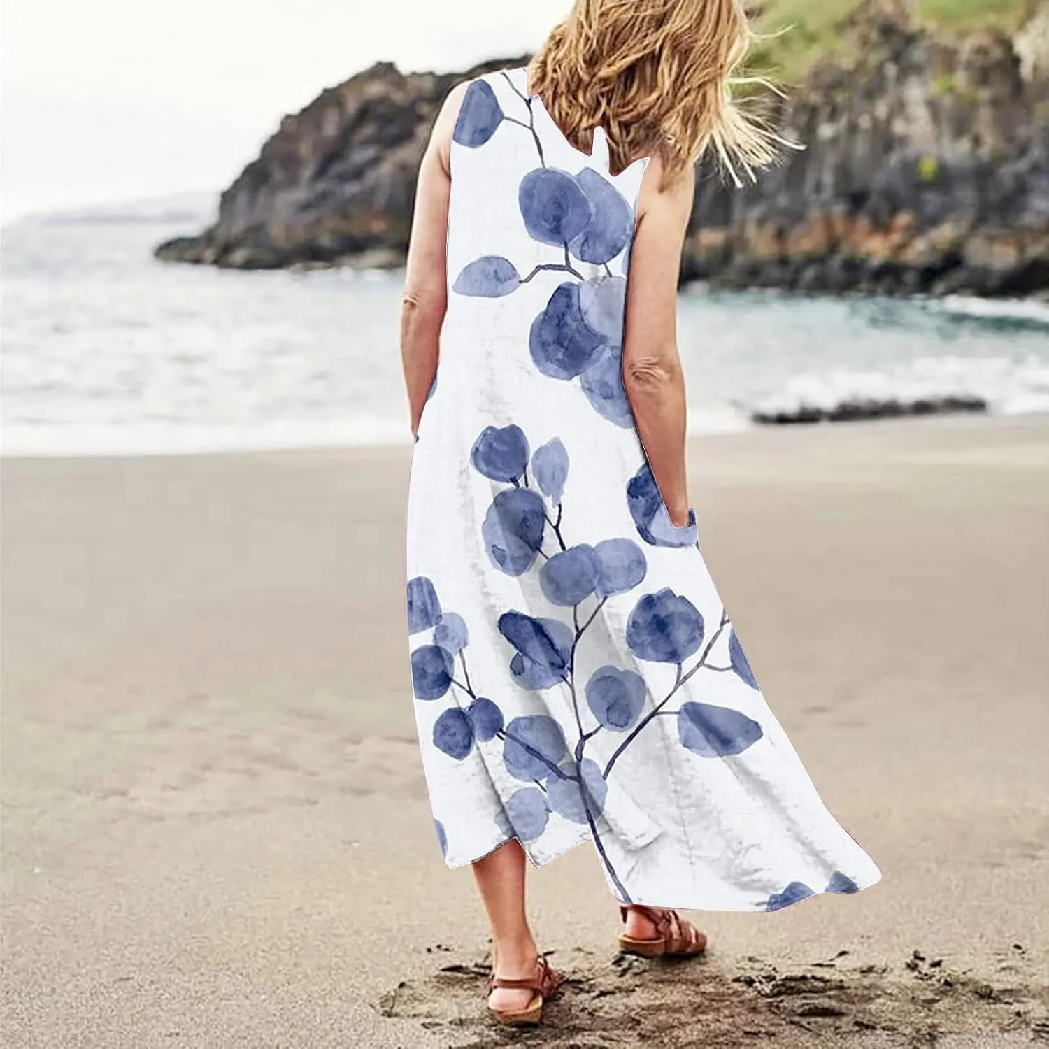 Women Casual Cotton Linen Sleeveless Maxi Dress Ruffle Tank Dresses Flowy Beach Summer Long Sundress with Pockets