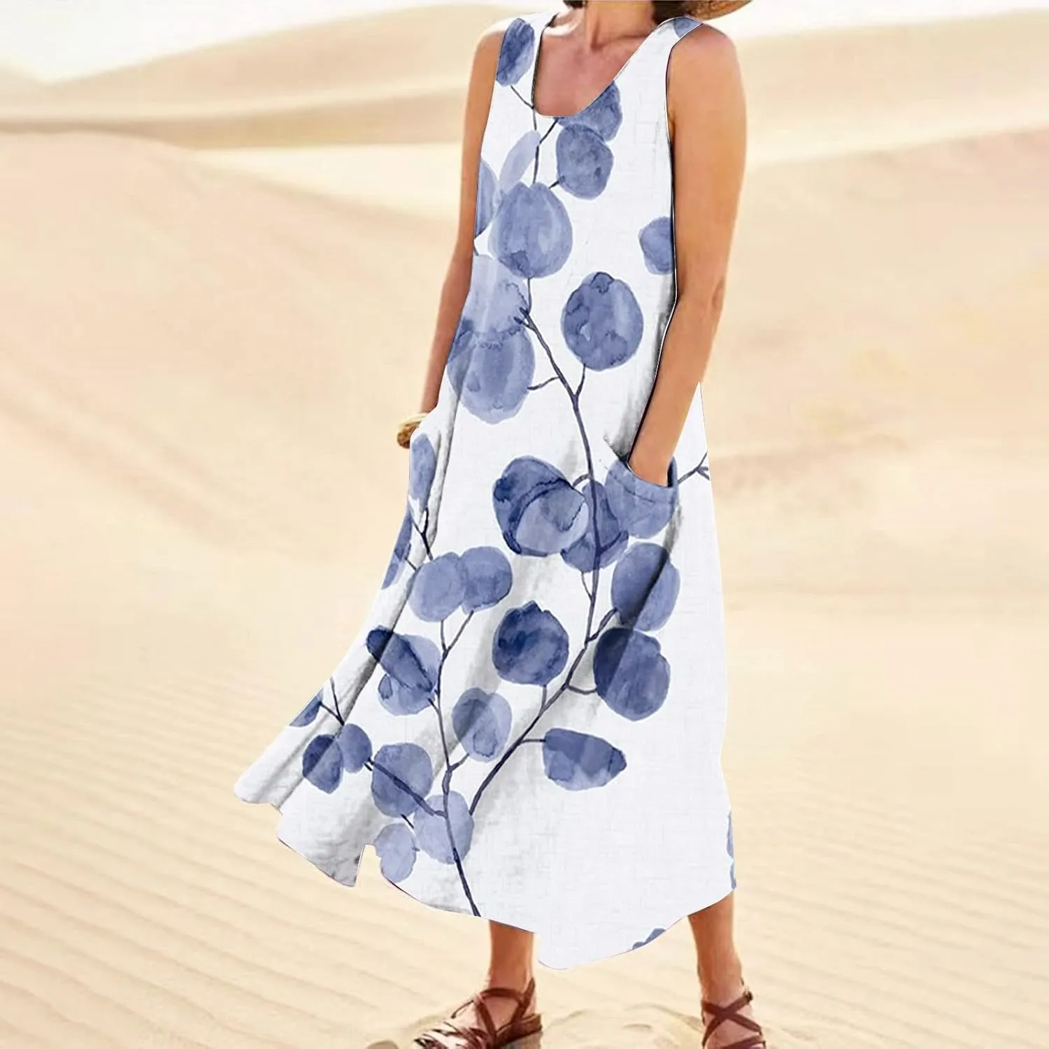 Women Casual Cotton Linen Sleeveless Maxi Dress Ruffle Tank Dresses Flowy Beach Summer Long Sundress with Pockets