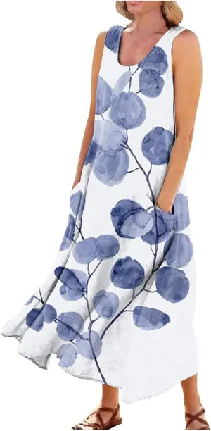Women Casual Cotton Linen Sleeveless Maxi Dress Ruffle Tank Dresses Flowy Beach Summer Long Sundress with Pockets