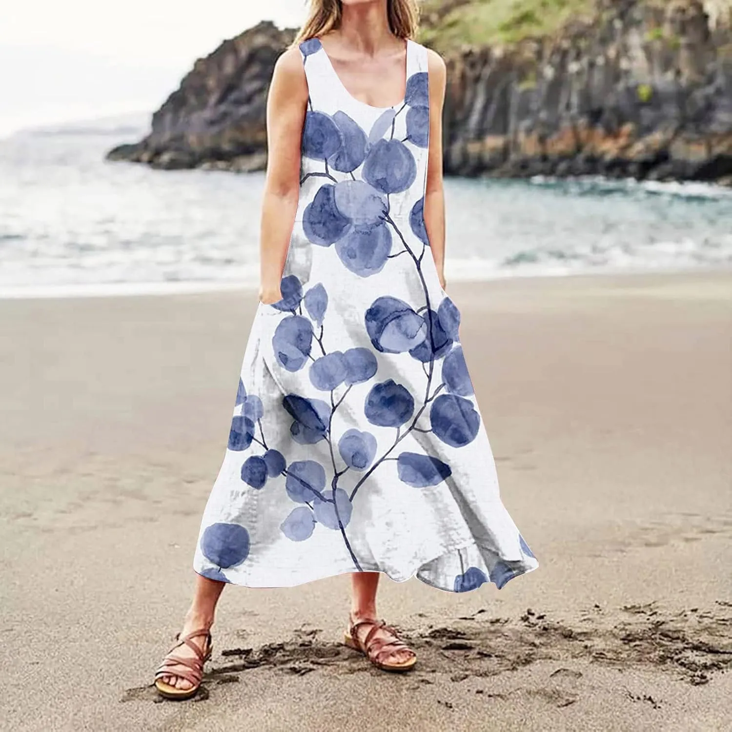 Women Casual Cotton Linen Sleeveless Maxi Dress Ruffle Tank Dresses Flowy Beach Summer Long Sundress with Pockets