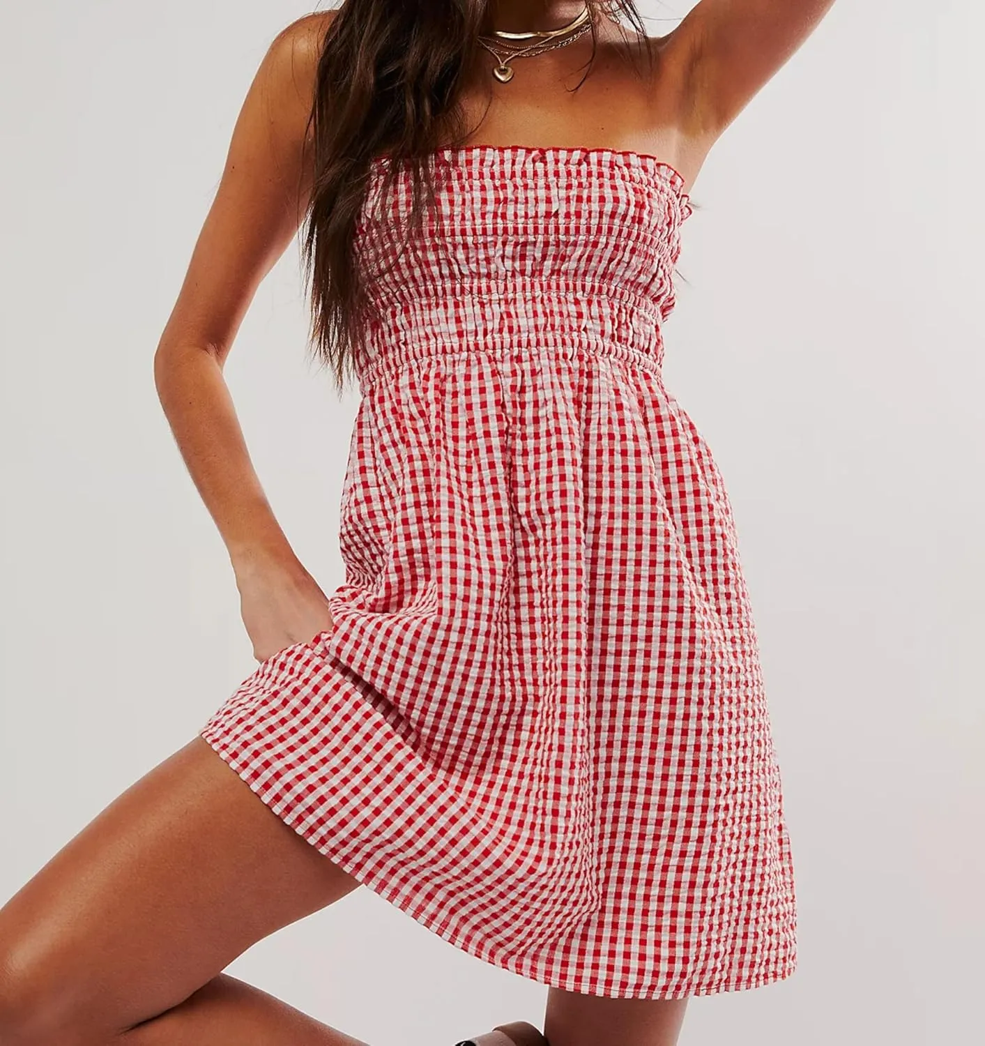 Women Convertible Skirt Y2K Gingham Stripes Smocked High Waist A-Line Midi Skirts Strapless Tube Dress