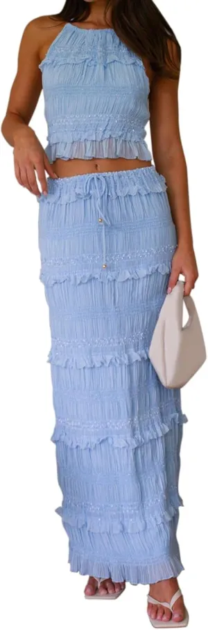 Women Lace Two Piece Maxi Skirt Set Top and Pleated Long Skirt 2 Piece Outfits Y2k Summer Beach Vocation Going Out