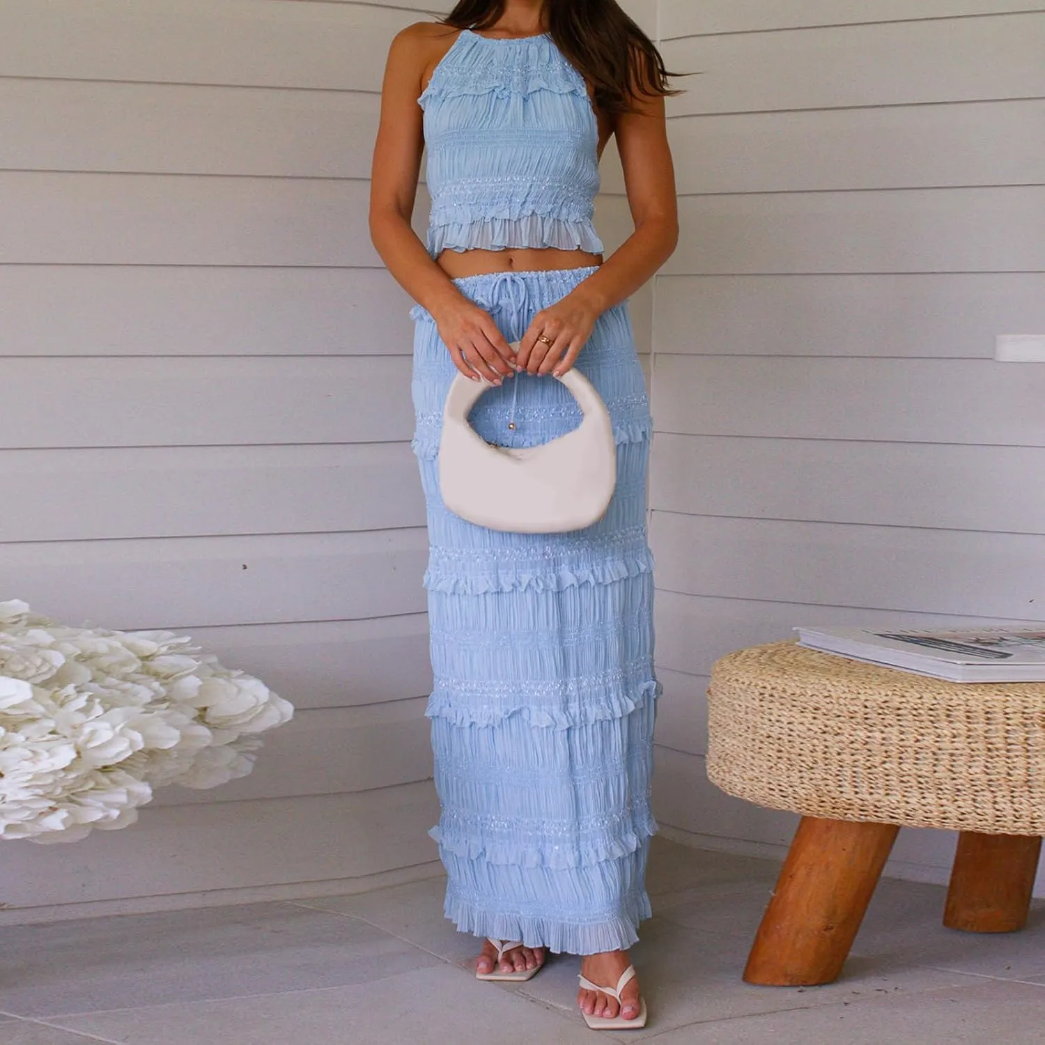 Women Lace Two Piece Maxi Skirt Set Top and Pleated Long Skirt 2 Piece Outfits Y2k Summer Beach Vocation Going Out