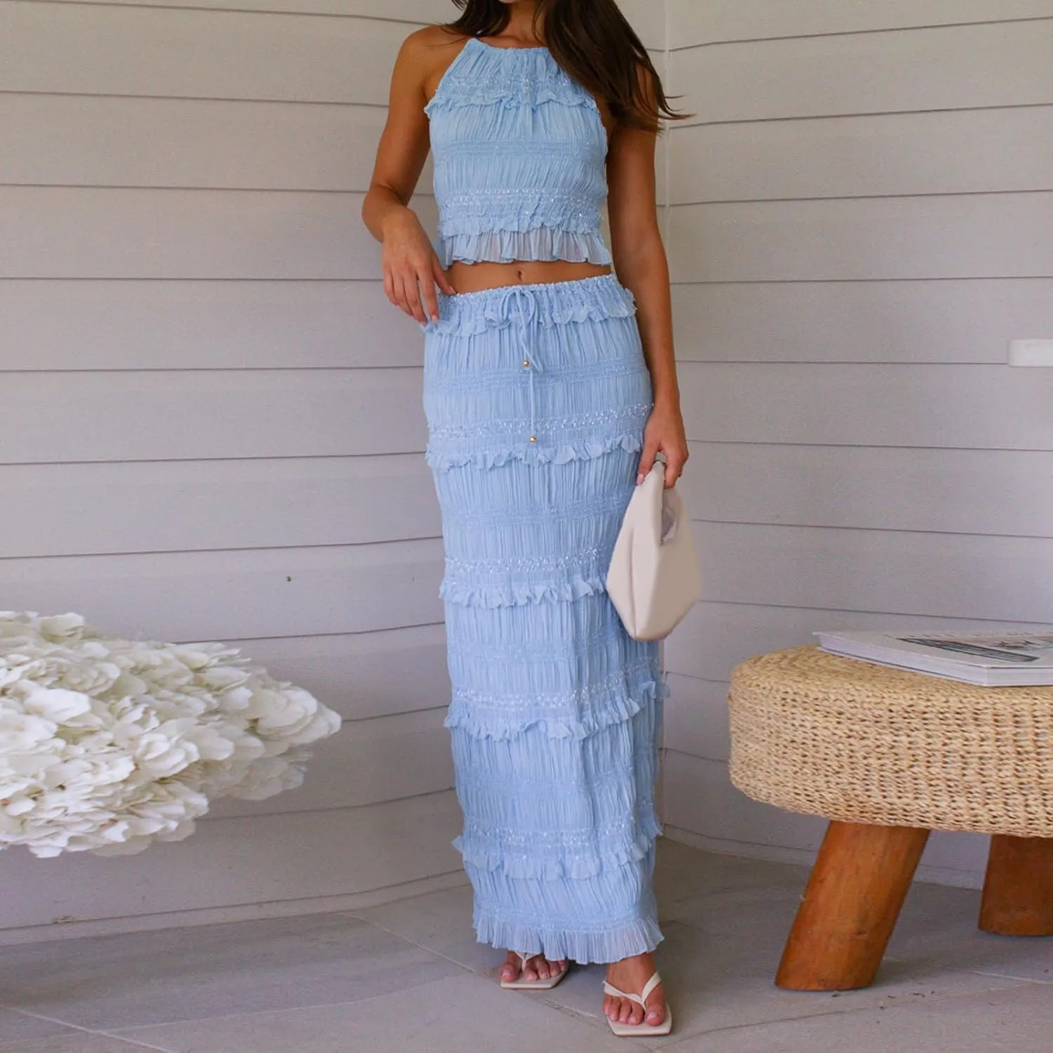 Women Lace Two Piece Maxi Skirt Set Top and Pleated Long Skirt 2 Piece Outfits Y2k Summer Beach Vocation Going Out