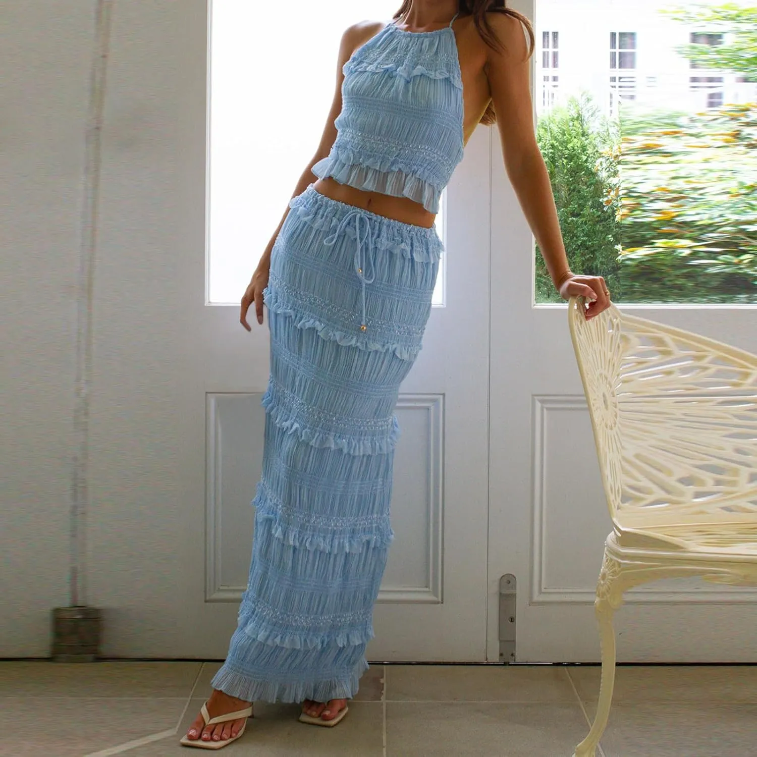 Women Lace Two Piece Maxi Skirt Set Top and Pleated Long Skirt 2 Piece Outfits Y2k Summer Beach Vocation Going Out