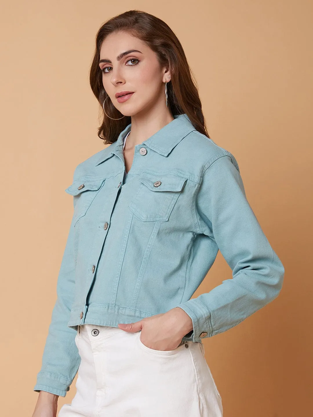 Women Sea Green Washed Windcheater Crop Denim Jacket with Patchwork