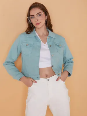 Women Sea Green Washed Windcheater Crop Denim Jacket with Patchwork