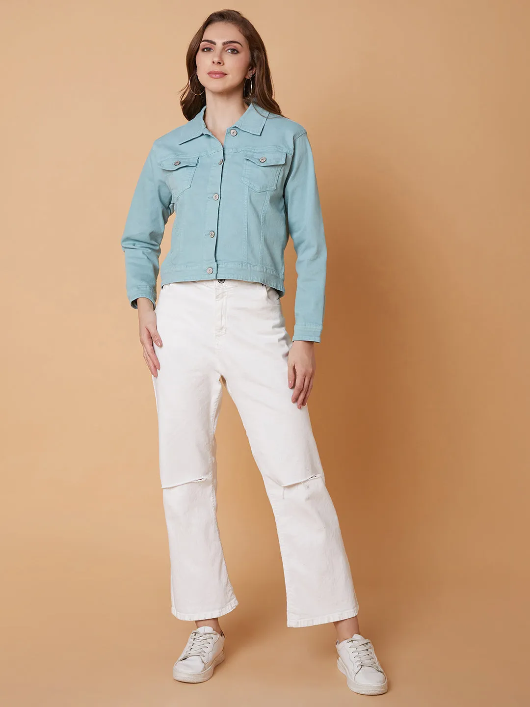 Women Sea Green Washed Windcheater Crop Denim Jacket with Patchwork
