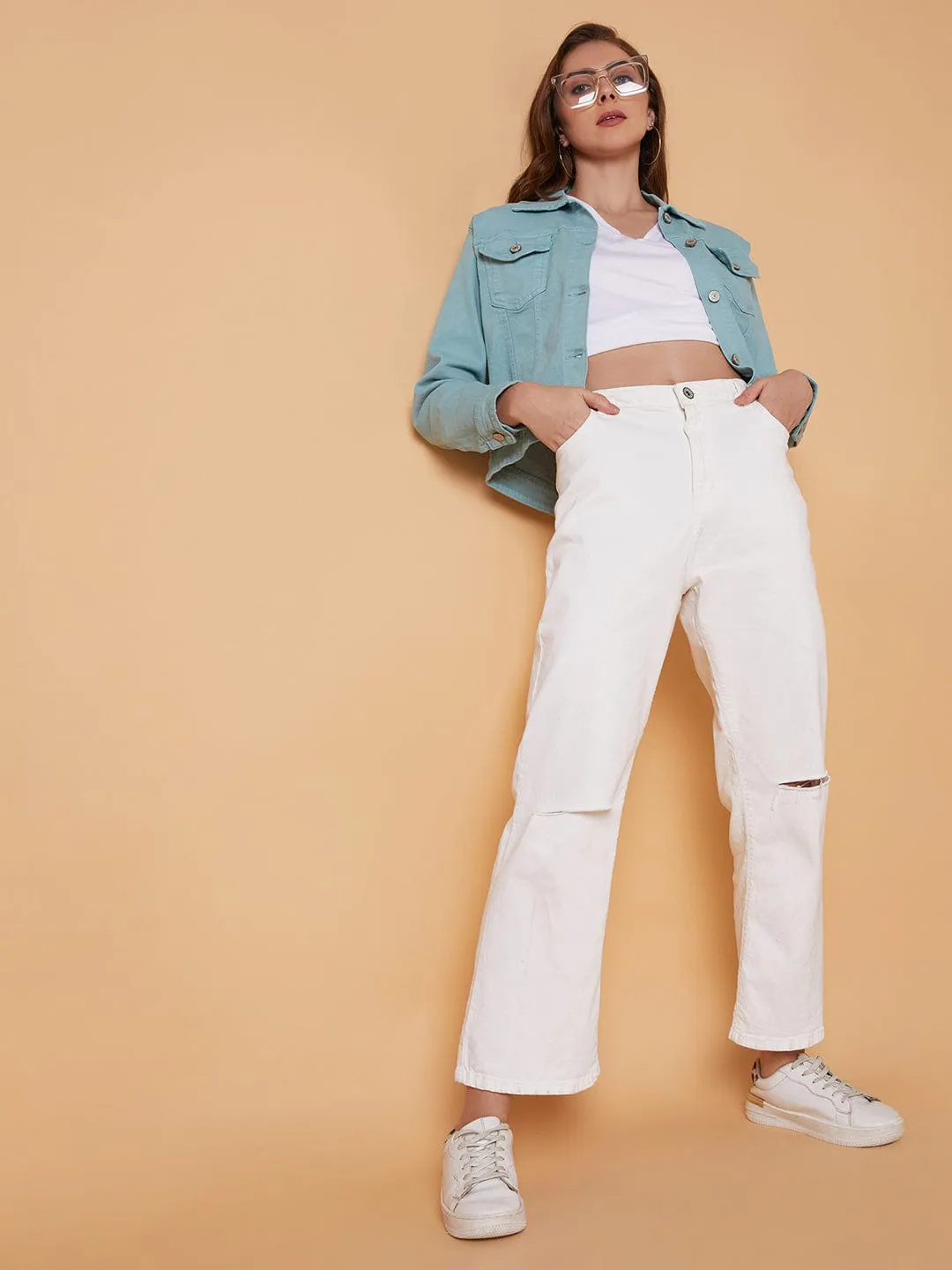 Women Sea Green Washed Windcheater Crop Denim Jacket with Patchwork