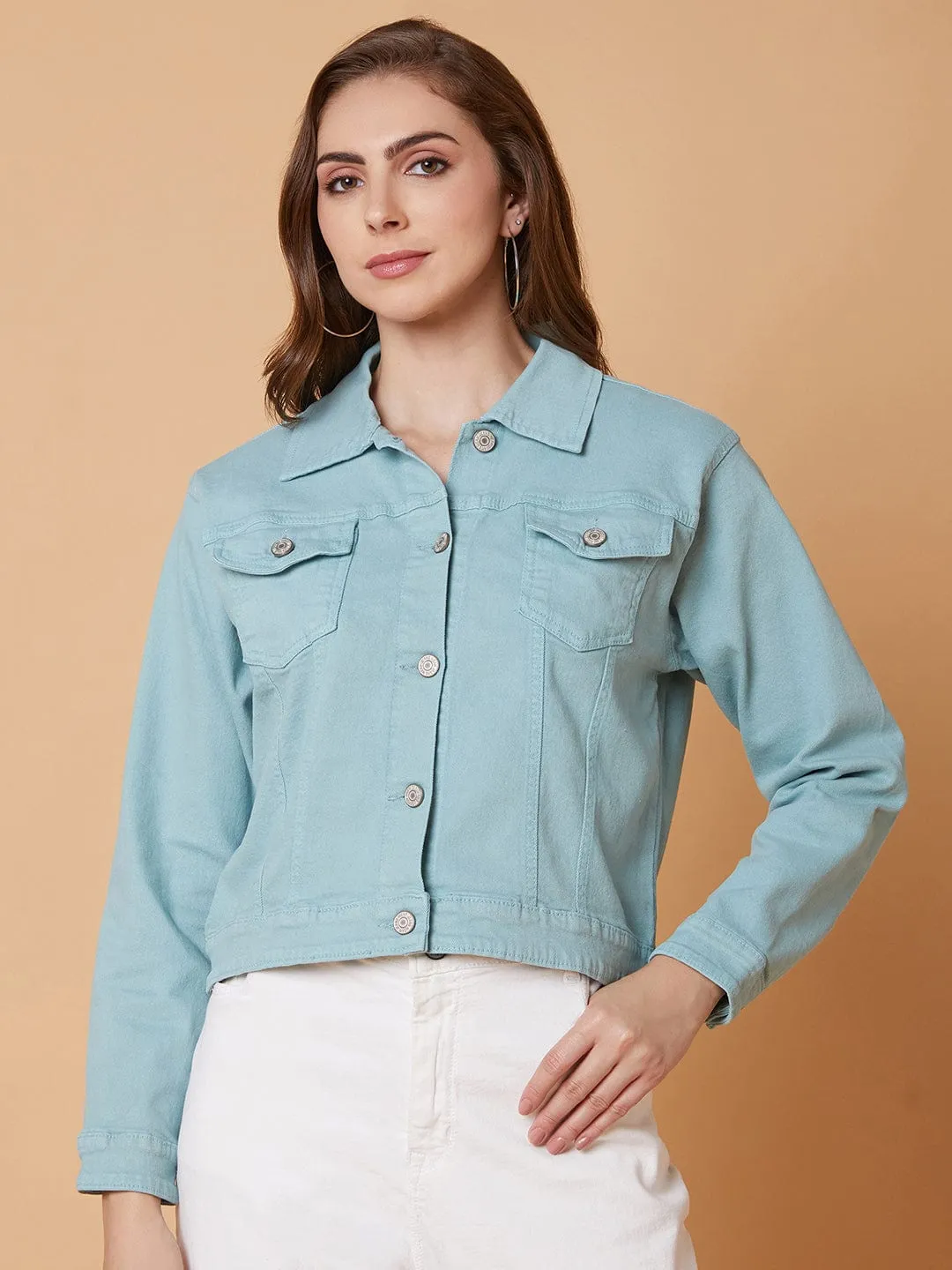 Women Sea Green Washed Windcheater Crop Denim Jacket with Patchwork