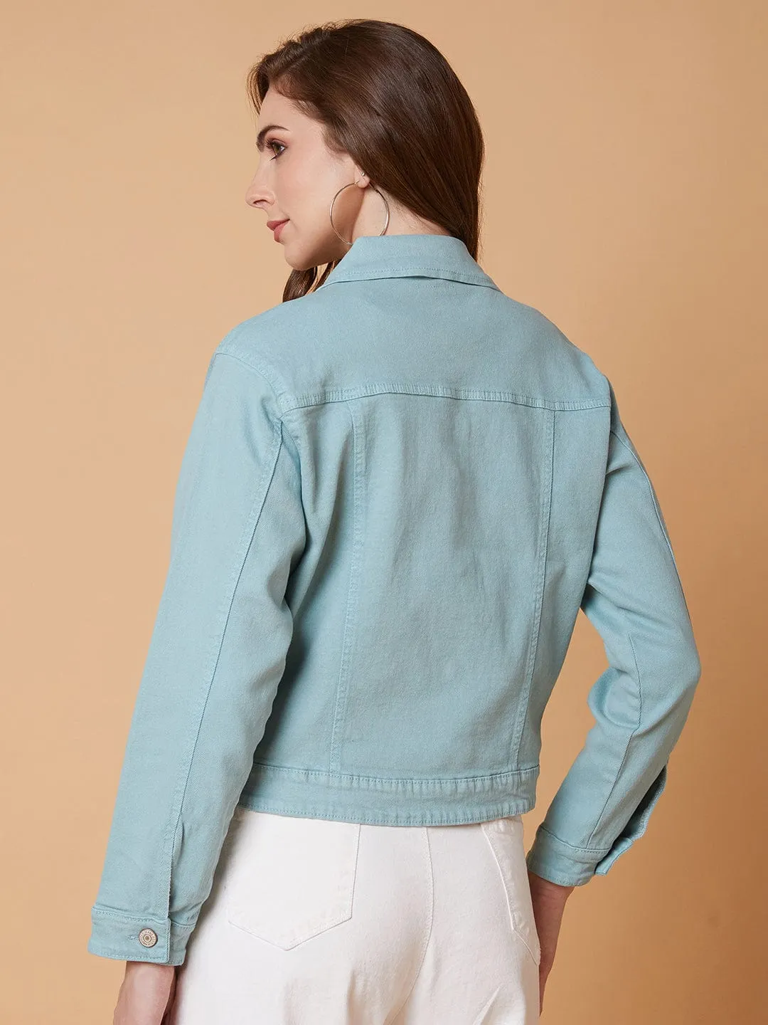 Women Sea Green Washed Windcheater Crop Denim Jacket with Patchwork