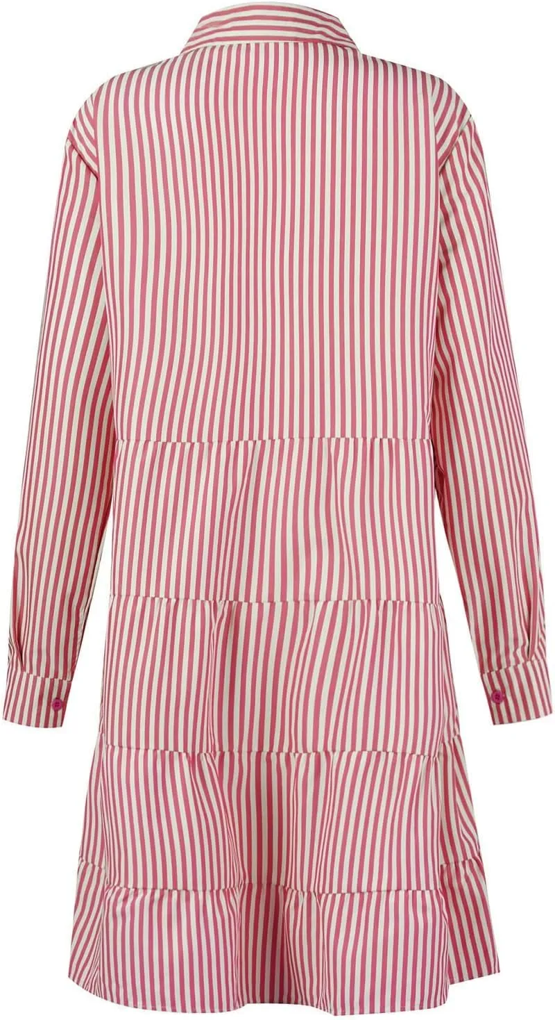 Women Striped Shirt Dresses Casual Loose V Neck Button Down Mini Dress 2025 Summer A Line Flowy Swing Dress