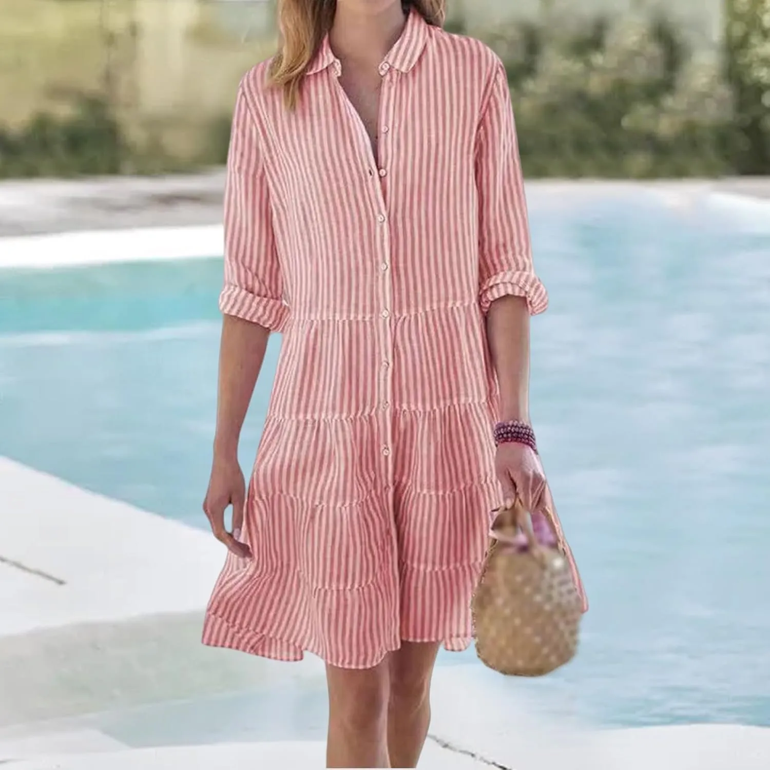 Women Striped Shirt Dresses Casual Loose V Neck Button Down Mini Dress 2025 Summer A Line Flowy Swing Dress