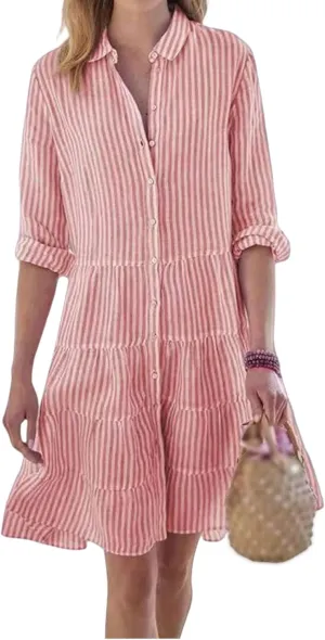 Women Striped Shirt Dresses Casual Loose V Neck Button Down Mini Dress 2025 Summer A Line Flowy Swing Dress