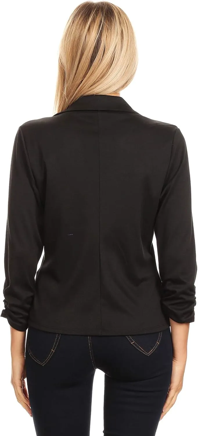 Women's Casual 3/4 Ruched Sleeves One Button Closure Waist length Blazer Jacket