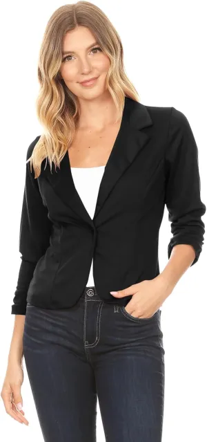Women's Casual 3/4 Ruched Sleeves One Button Closure Waist length Blazer Jacket