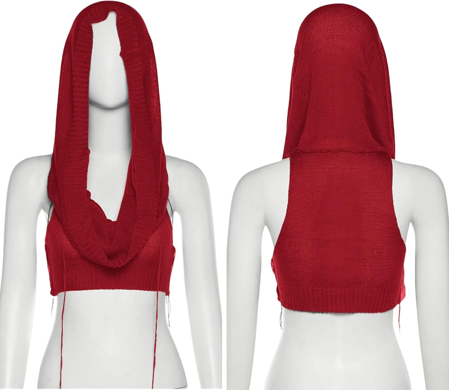 Women's Knitted Hoodie Sweater Vest Sexy Sleeveless Hollow Out Hooded Crop Top Draped Sweatshirt Streetwear