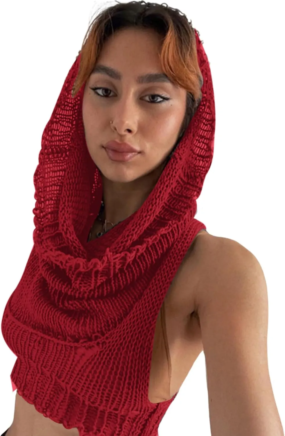Women's Knitted Hoodie Sweater Vest Sexy Sleeveless Hollow Out Hooded Crop Top Draped Sweatshirt Streetwear