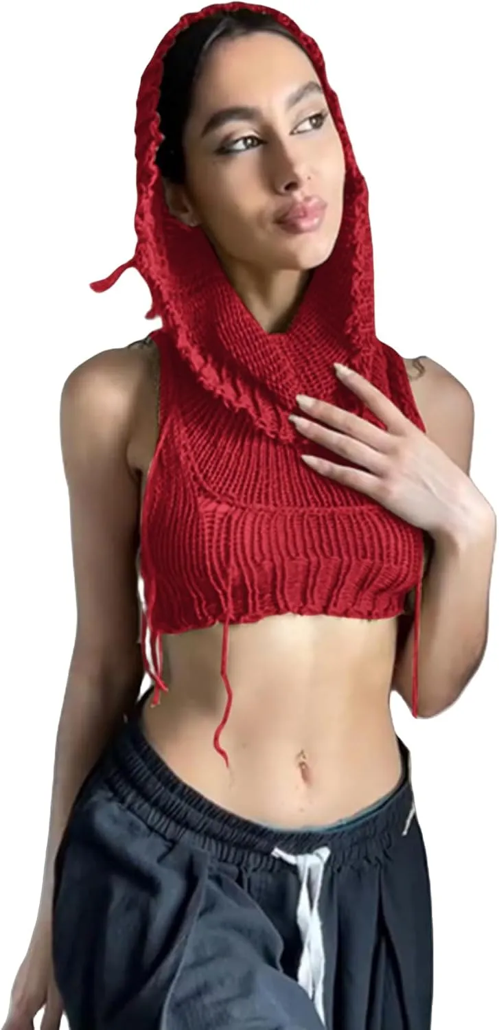 Women's Knitted Hoodie Sweater Vest Sexy Sleeveless Hollow Out Hooded Crop Top Draped Sweatshirt Streetwear