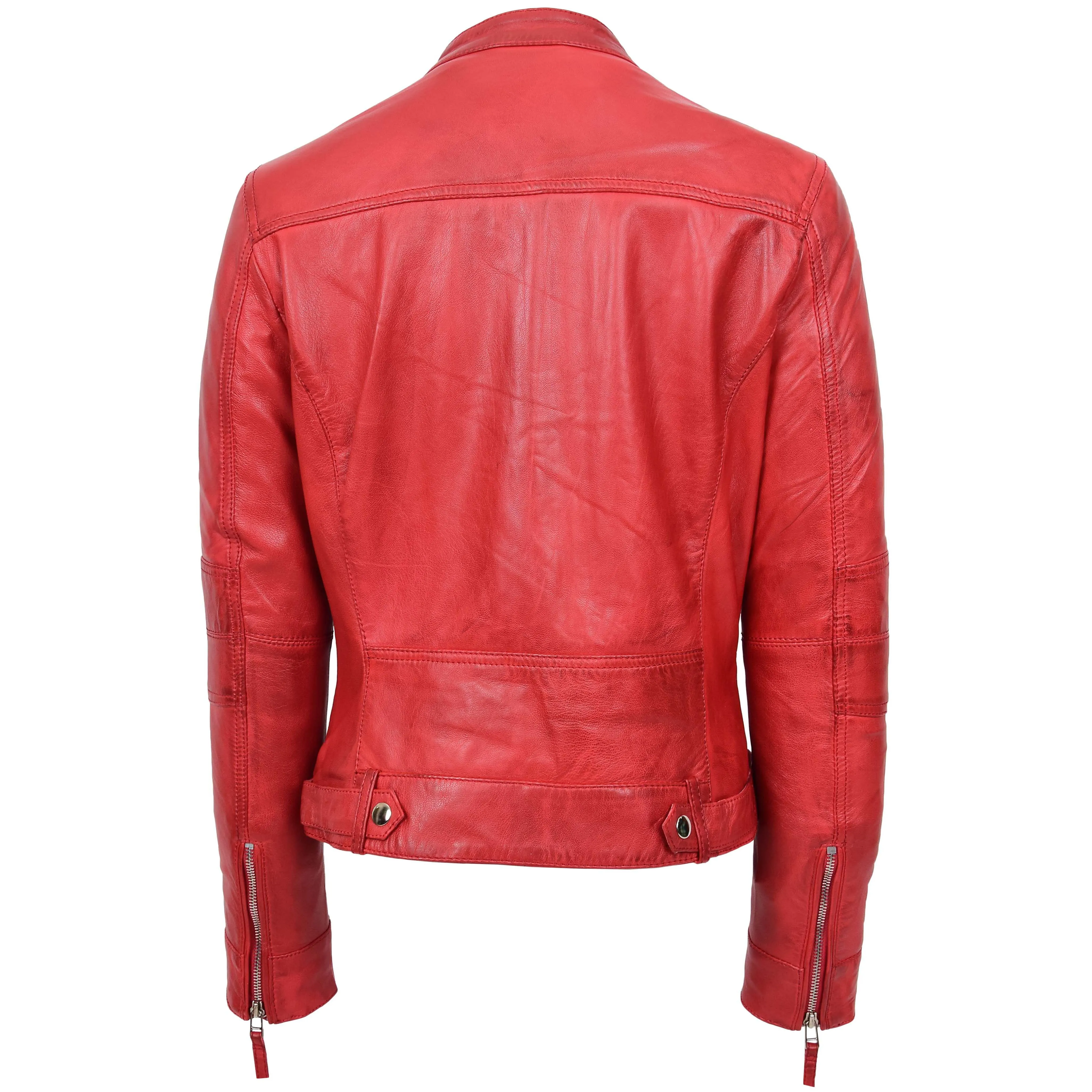 Womens Soft Leather Biker Jacket Red Casual Fitted Trendy Stylish Zoe
