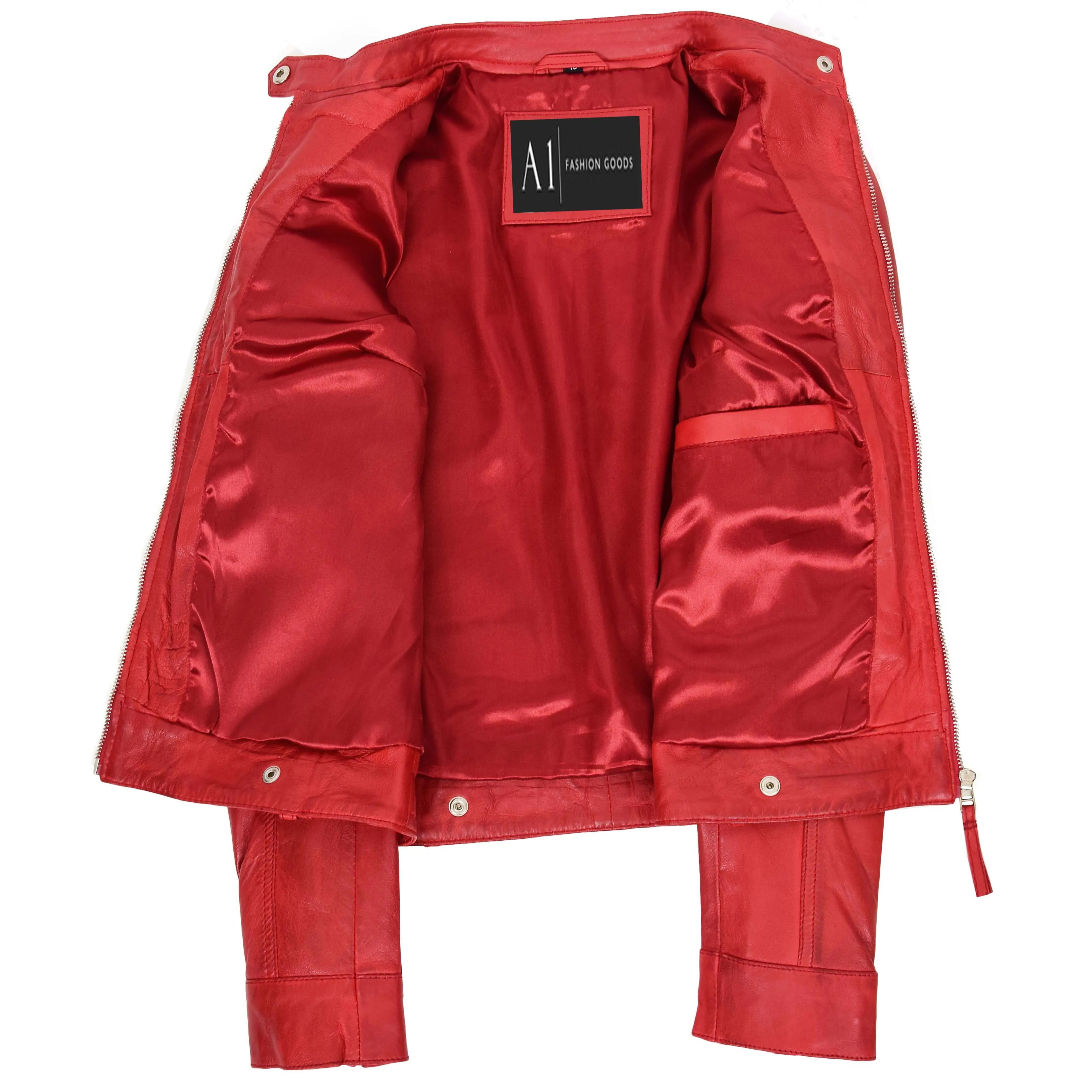 Womens Soft Leather Biker Jacket Red Casual Fitted Trendy Stylish Zoe